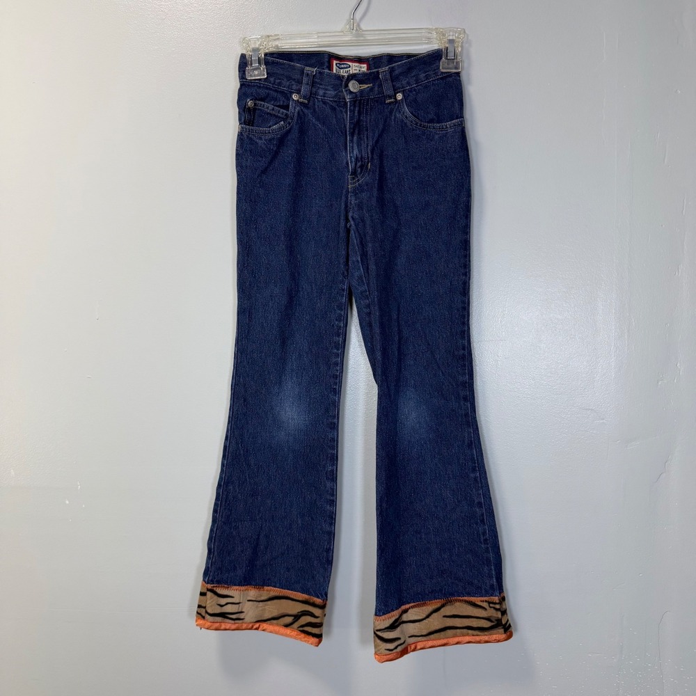 Old Navy Girls Blue Jeans Tiger Animal Print Trim Flare Leg Denim Pants Size 8